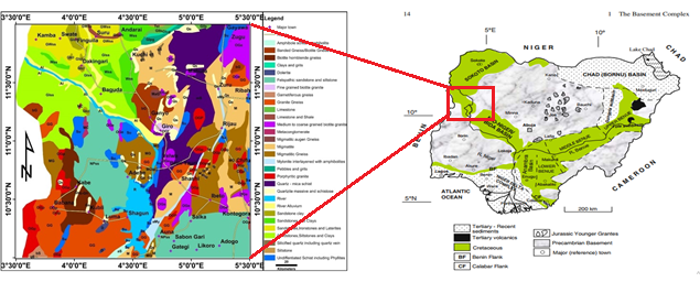 Geological map of the entire southwestern part of Sokoto basin, showing the representative rocks distribution of the basin modified after Rajagopalan \cite{b31}, inset of the geological map of Nigeria